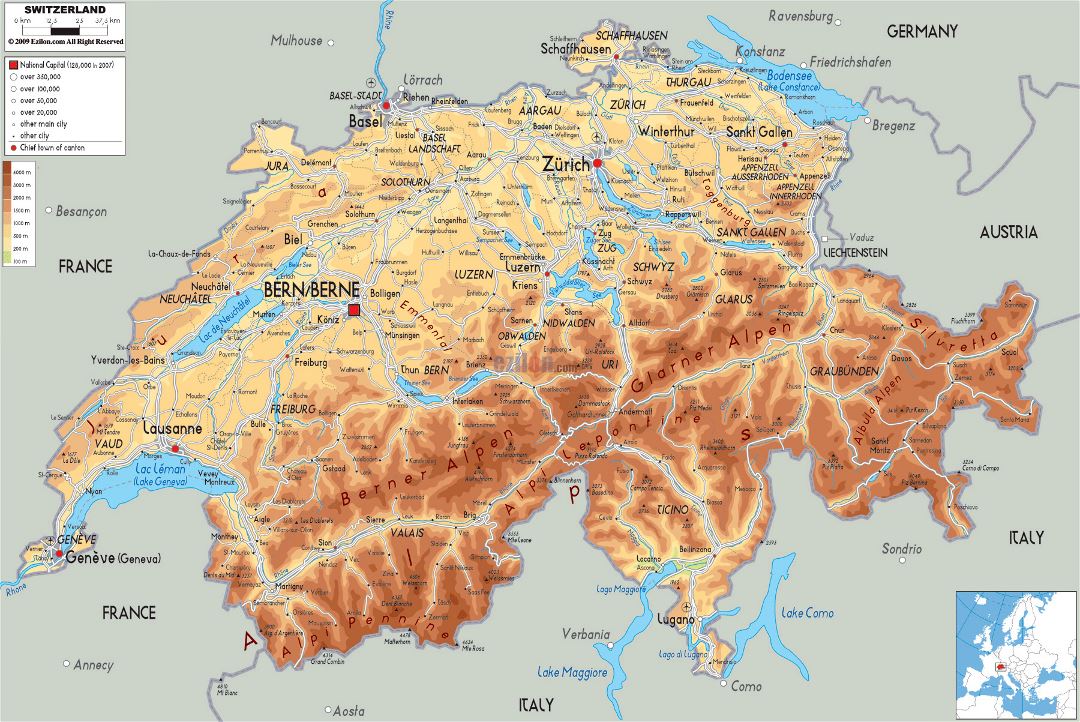 Large physical map of Switzerland with roads, cities and airports