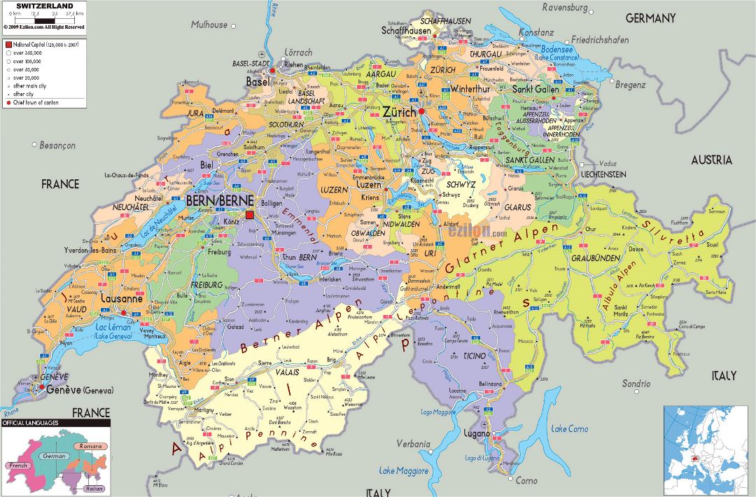 Large political and administrative map of Switzerland with roads, cities and airports