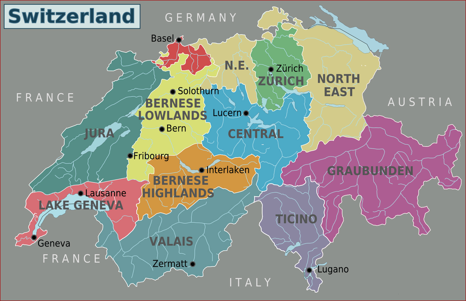 Large regions map of Switzerland | Switzerland | Europe | Mapsland