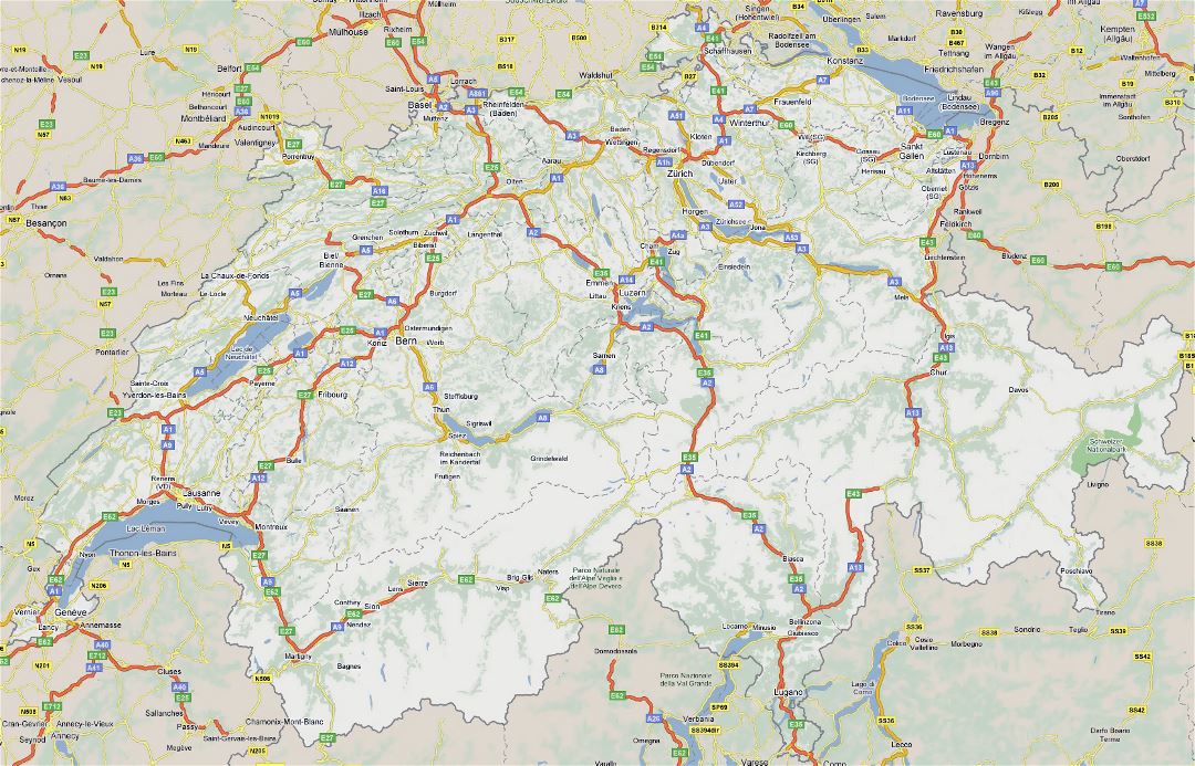 Large road map of Switzerland with cities