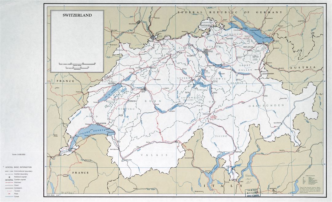 Large scale political and administrative map of Switzerland with roads railroads and major cities - 1961