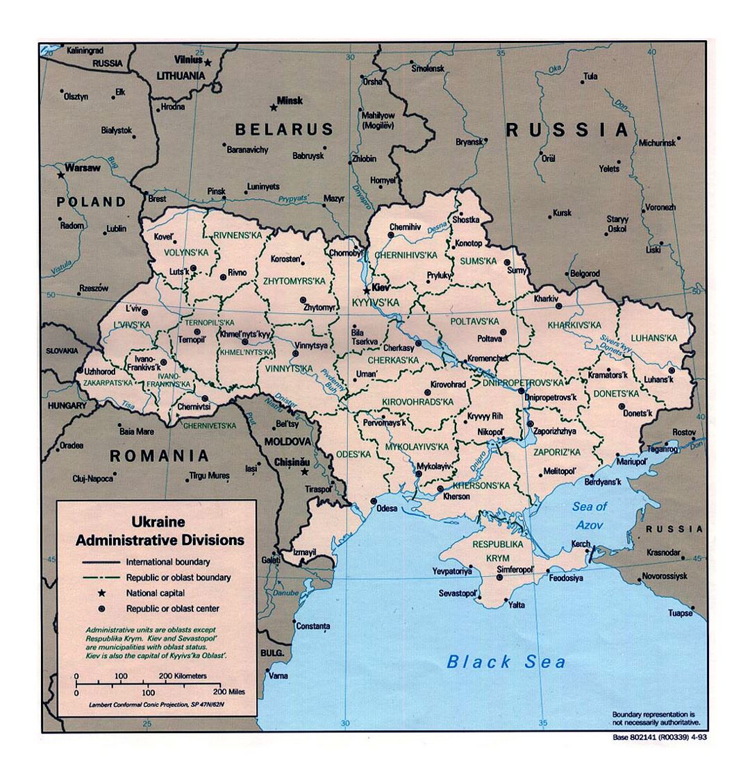 Detailed administrative divisions map of Ukraine - 1993