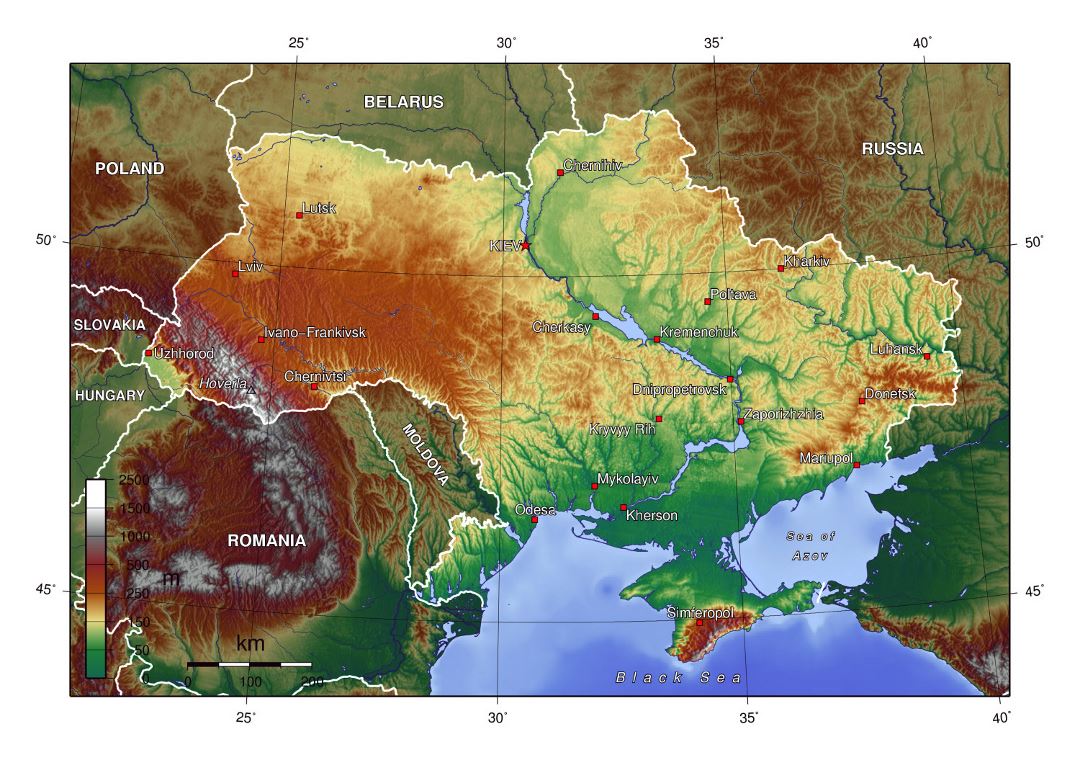 Detailed topographical map of Ukraine