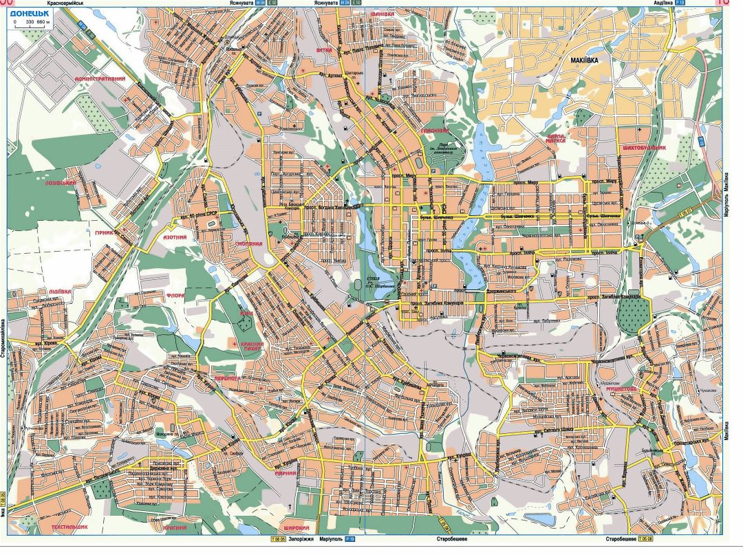 Large detailed road map of Donetsk city in ukrainian