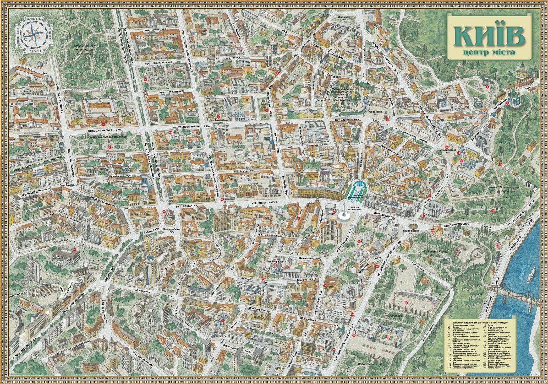 Large detailed tourist panoramic map of Kiev city center