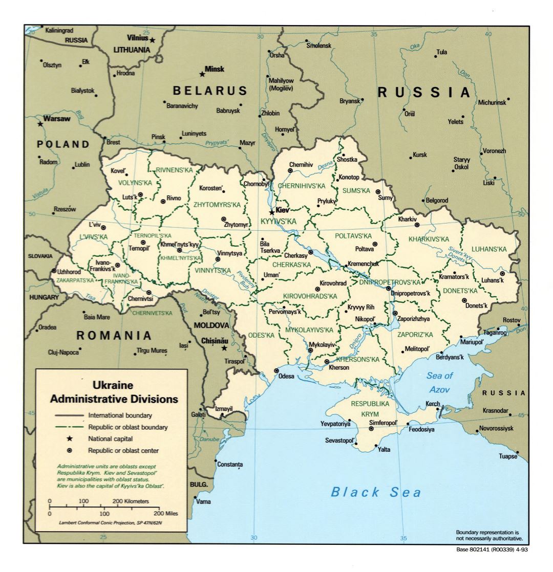 Large detailed administrative divisions map of Ukraine - 1993