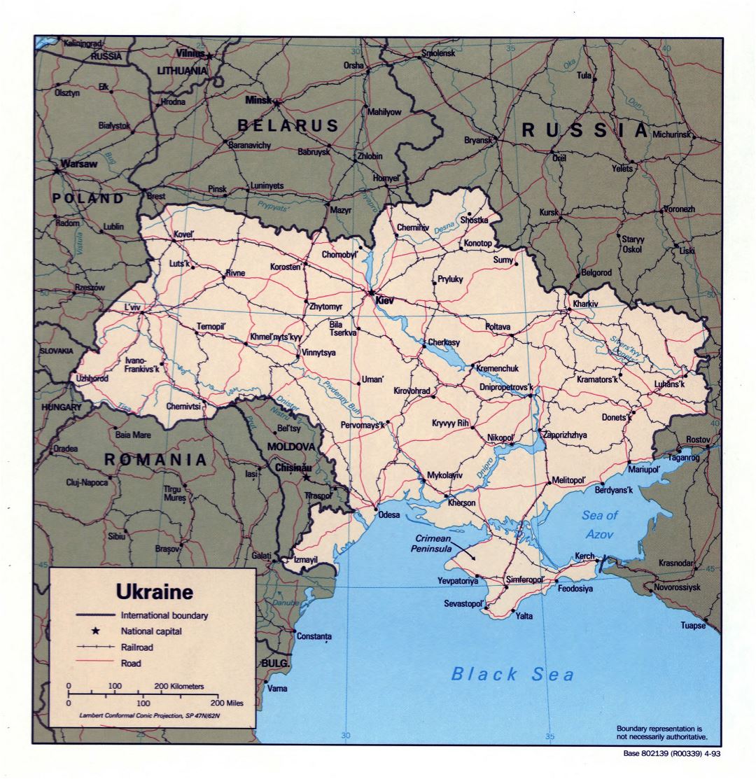Large detailed political map of Ukraine with roads, railroads and major cities - 1993