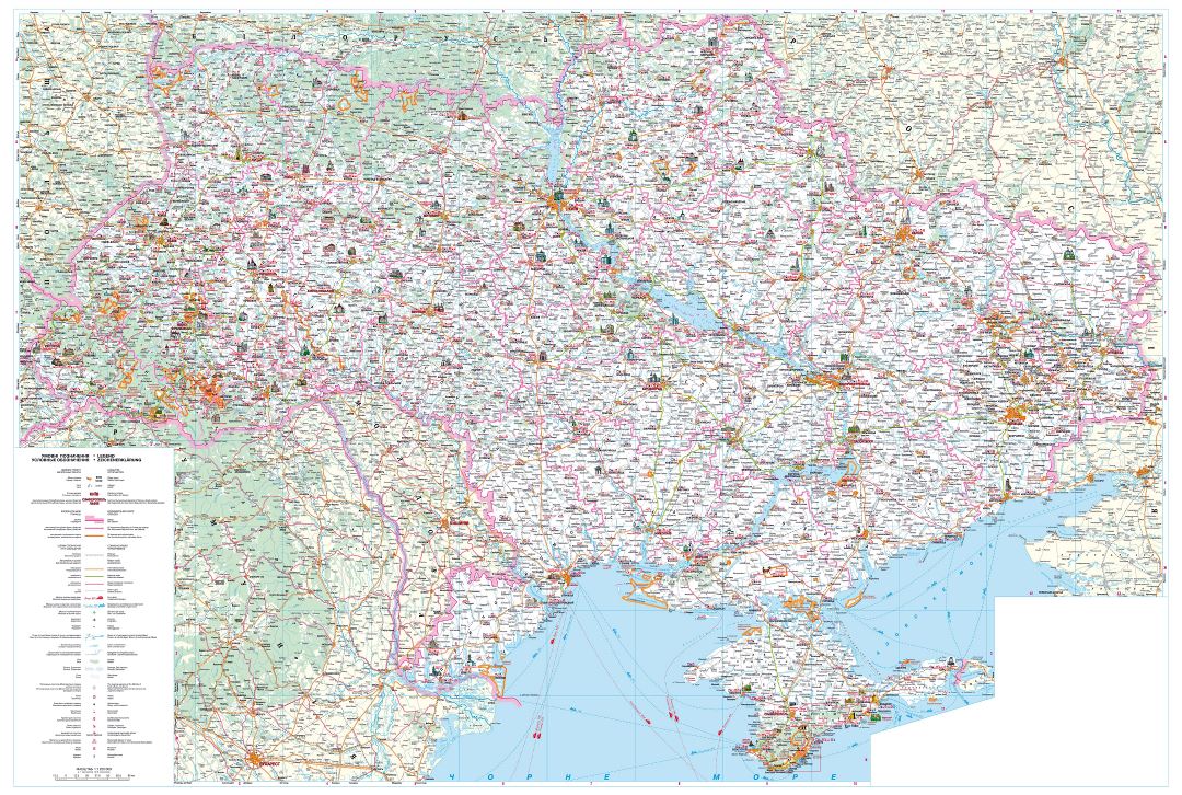 Large detailed road and tourist map of Ukraine in ukrainian