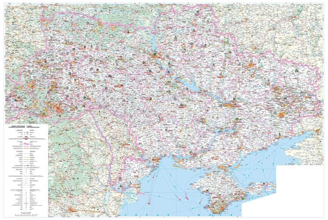 Large detailed road and tourist map of Ukraine in ukrainian