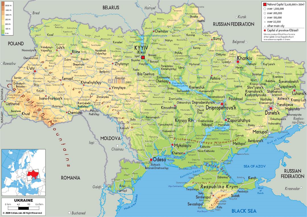 Large physical map of Ukraine with roads, cities and airports