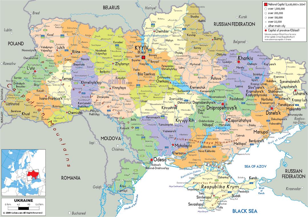 Large political and administrative map of Ukraine with roads, cities and airports
