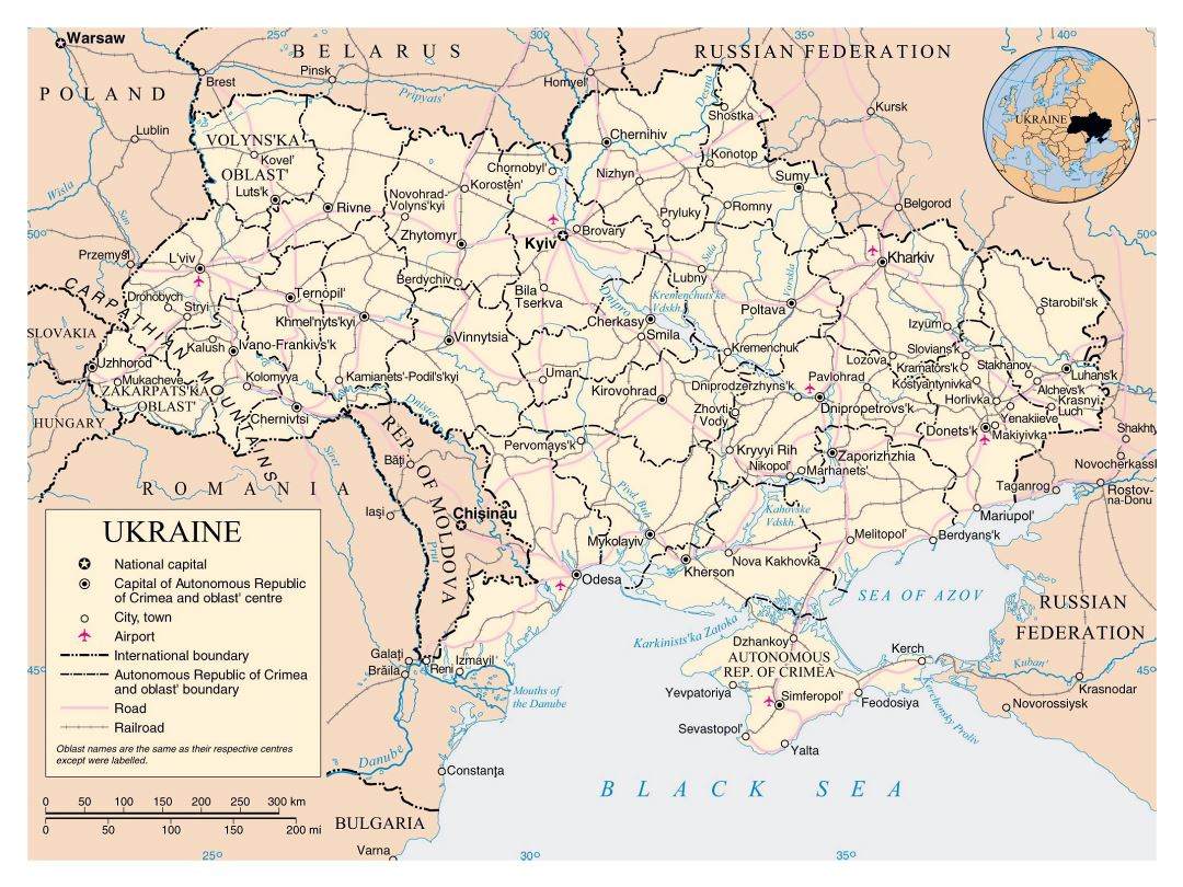 Large political and administrative map of Ukraine with roads, railroads, cities and airports