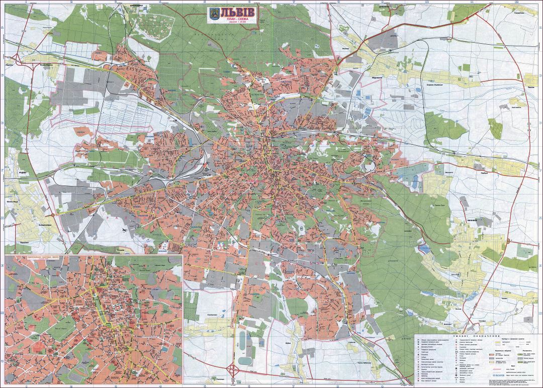 Large detailed road map of Lviv city in ukrainian