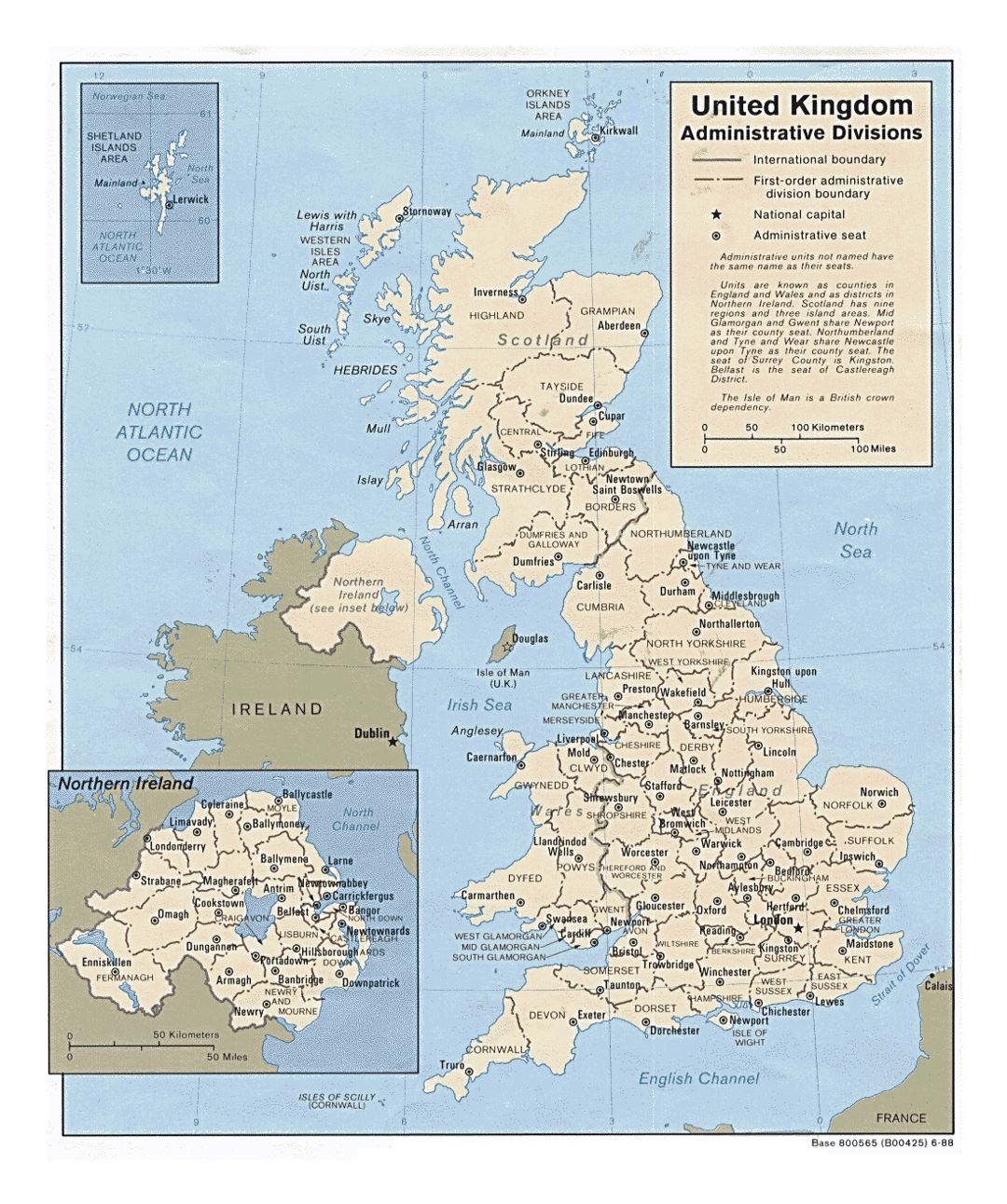 Detailed administrative divisions map of United Kingdom - 1988