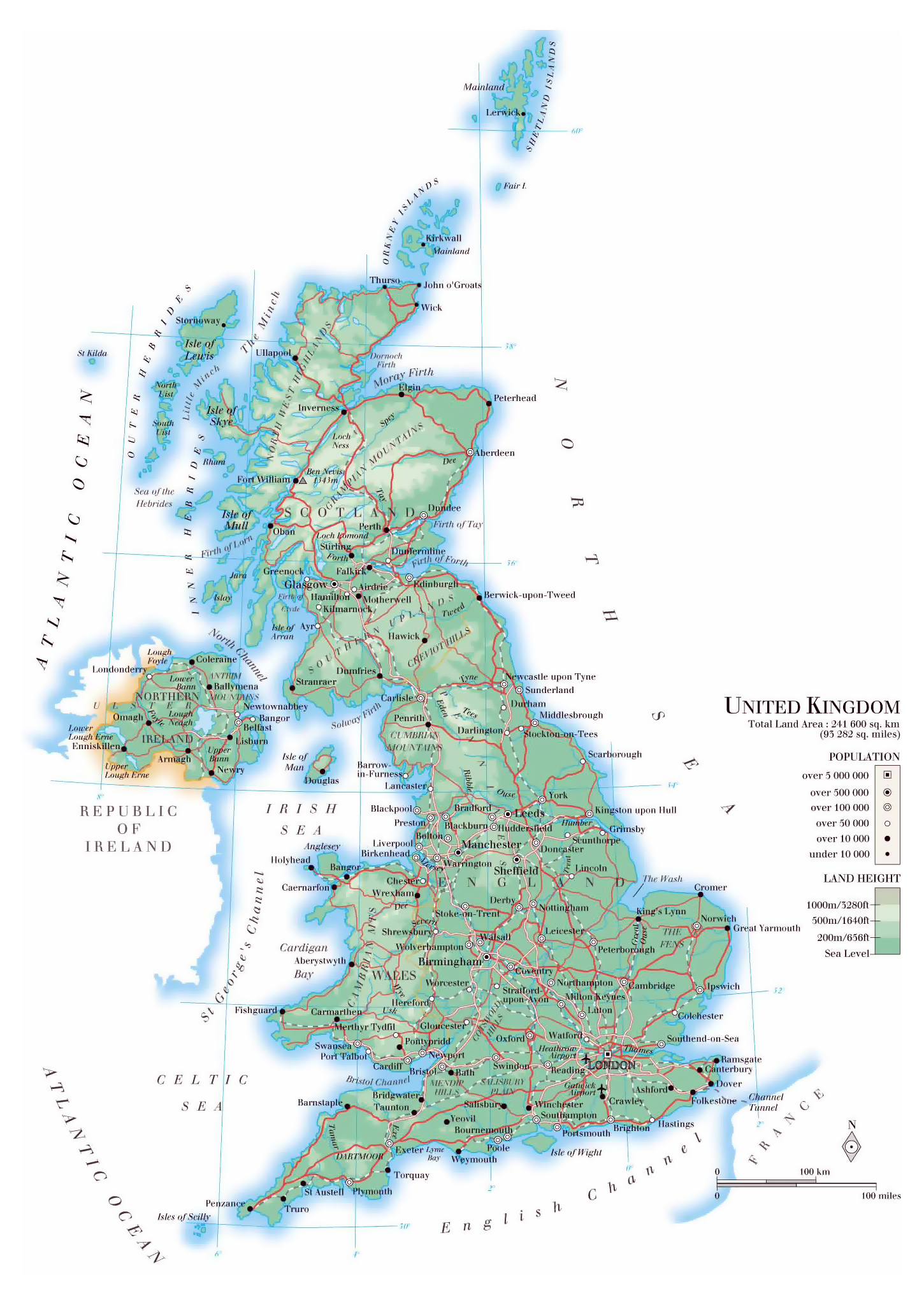 Detailed physical map of United Kingdom with roads, cities ...