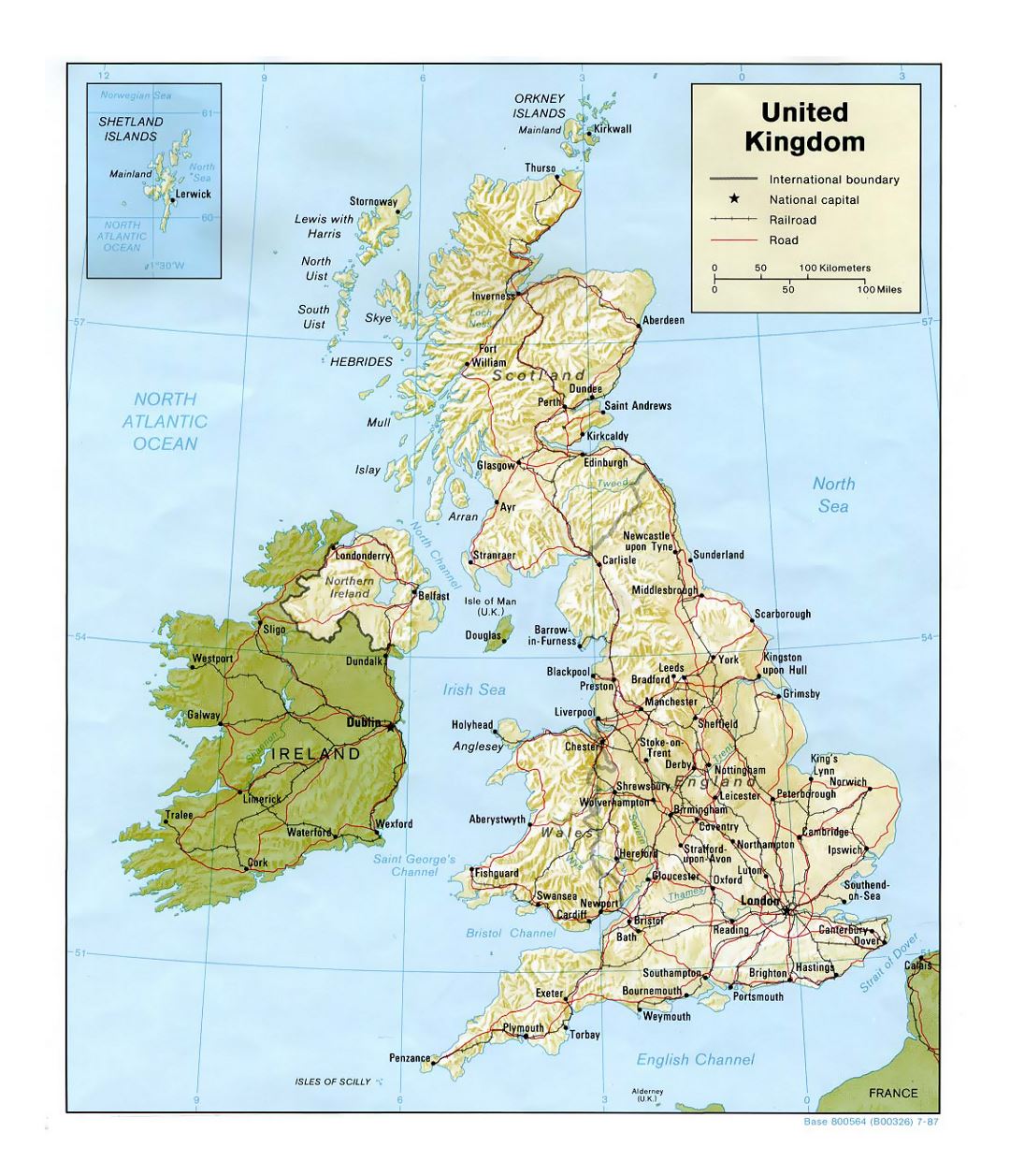 Detailed political map of United Kingdom with relief, roads, railroads and major cities - 1987