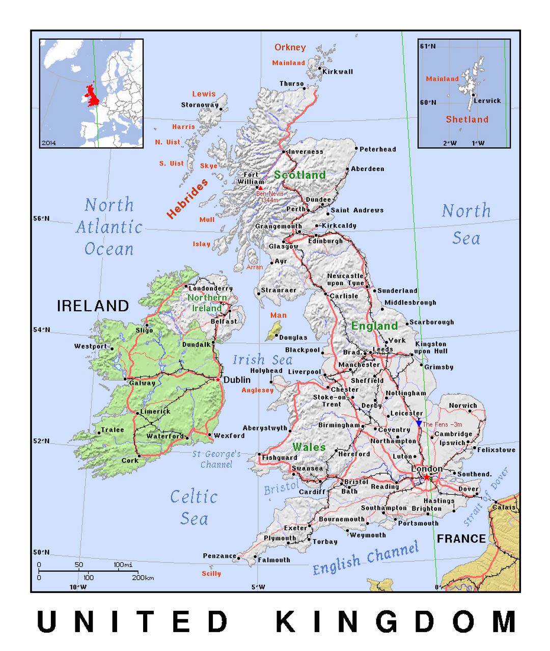 Detailed political map of United Kingdom with relief