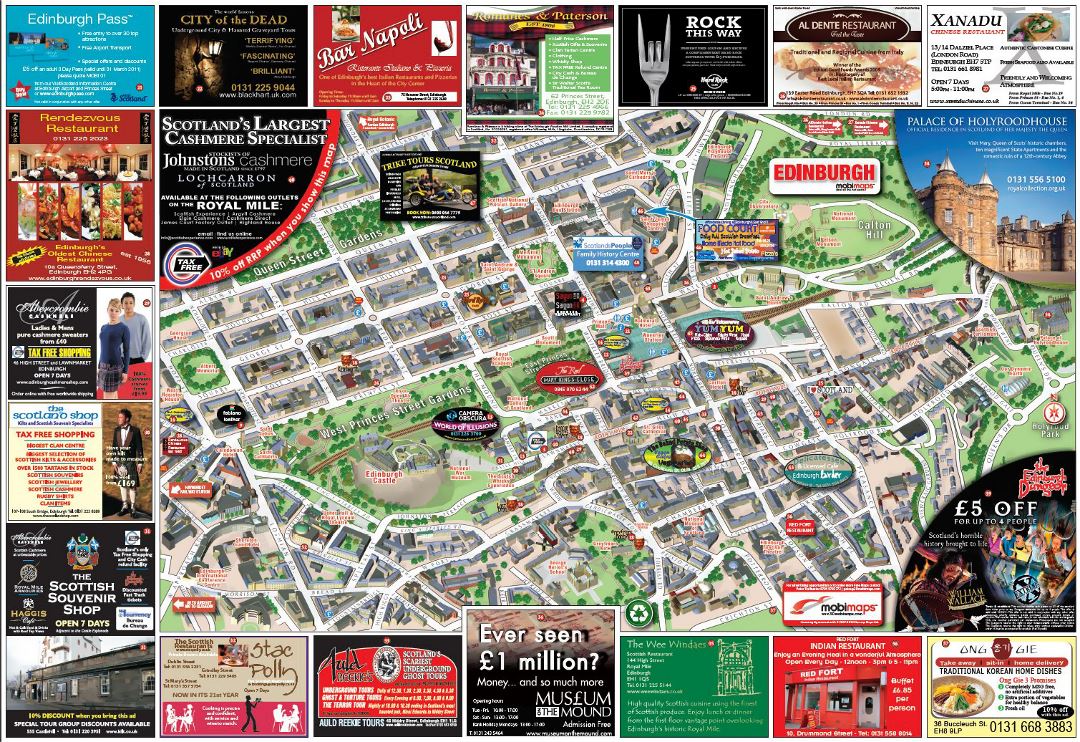 Large detailed tourist and info map of Edinburgh city center