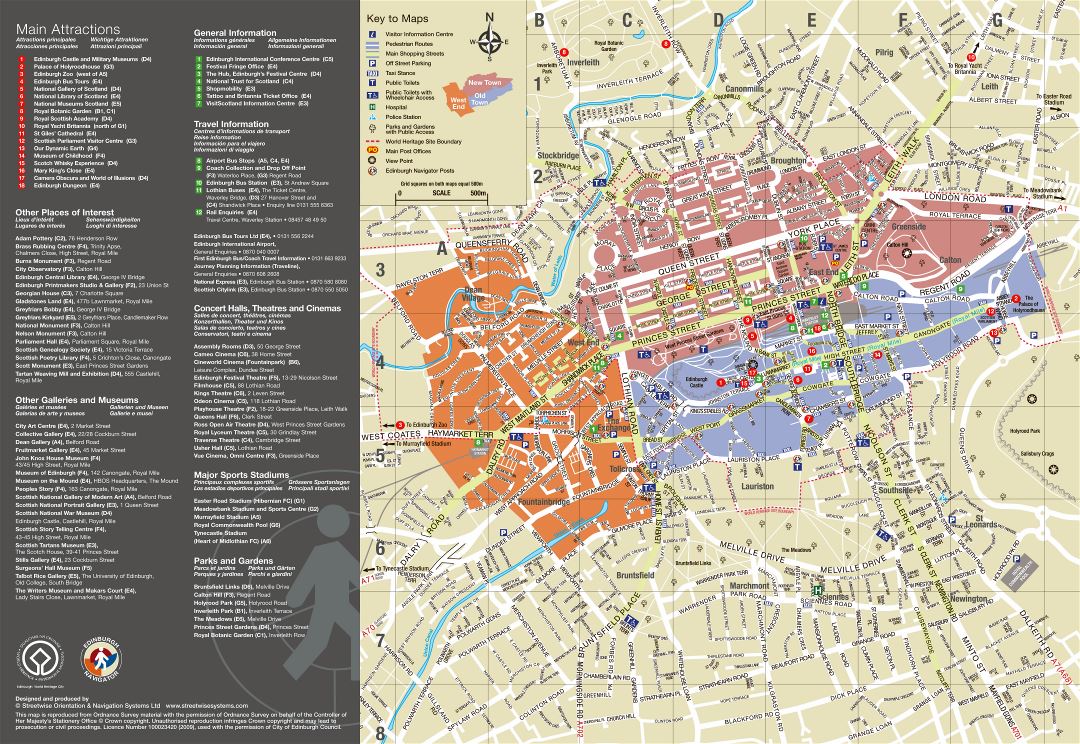 Large detailed tourist map of central part of Edinburgh city