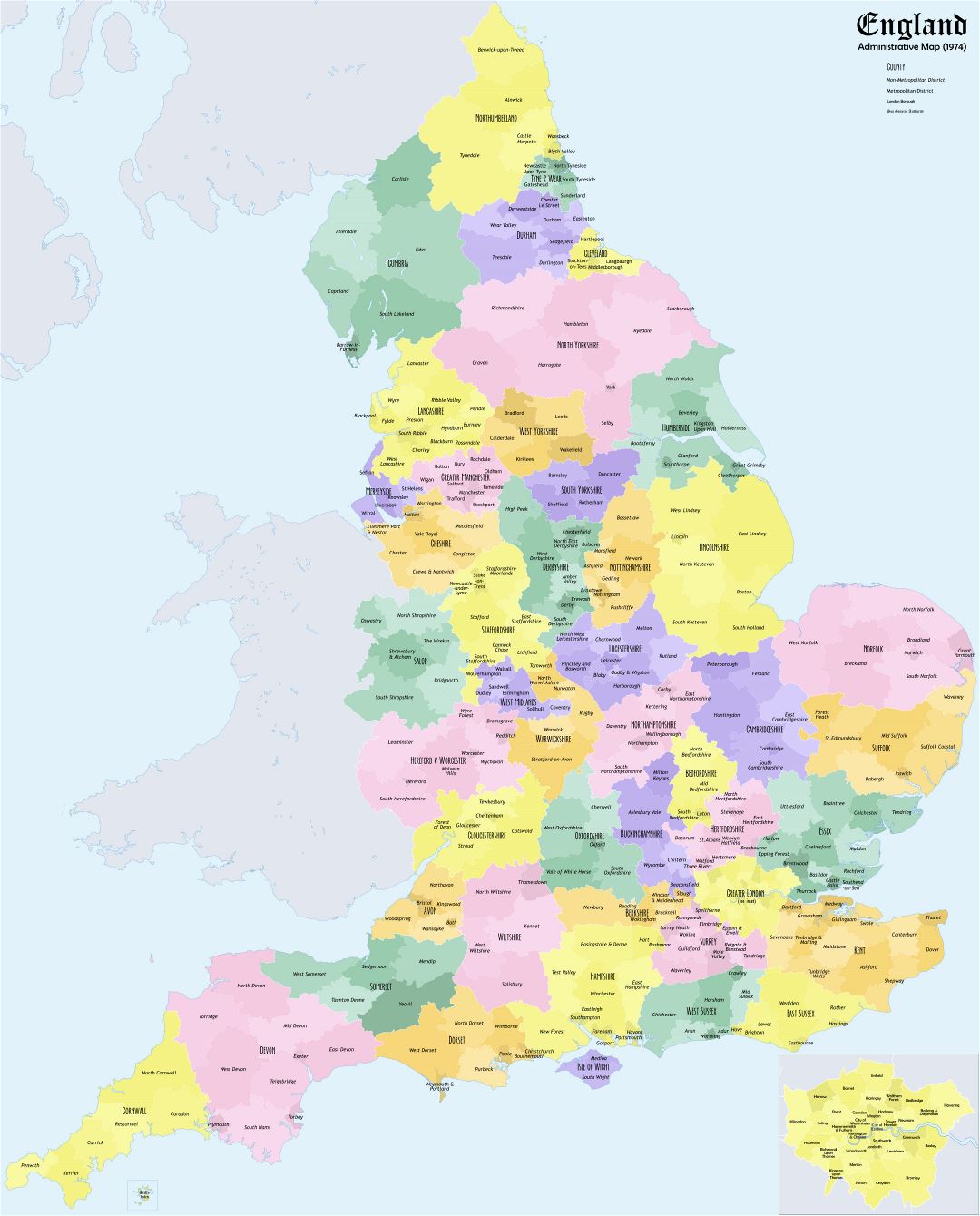 Large detailed administrative map of England - 1974