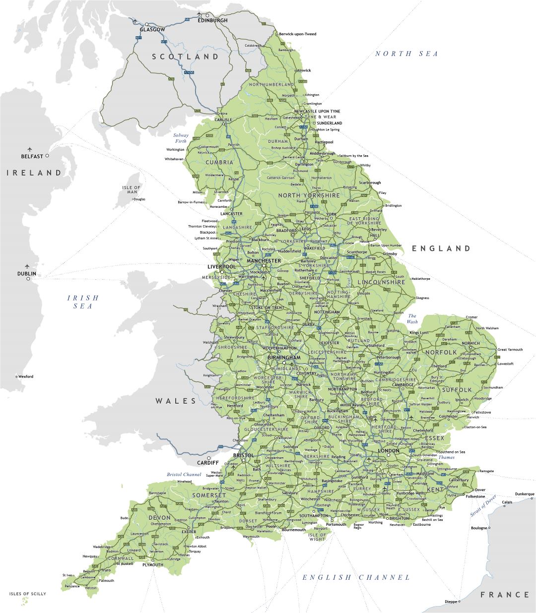 Large detailed highways map of England with cities