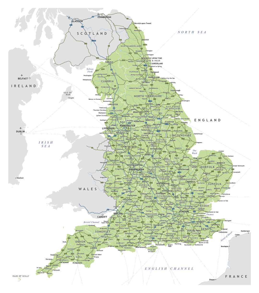 Large detailed map of England with roads, cities and airports