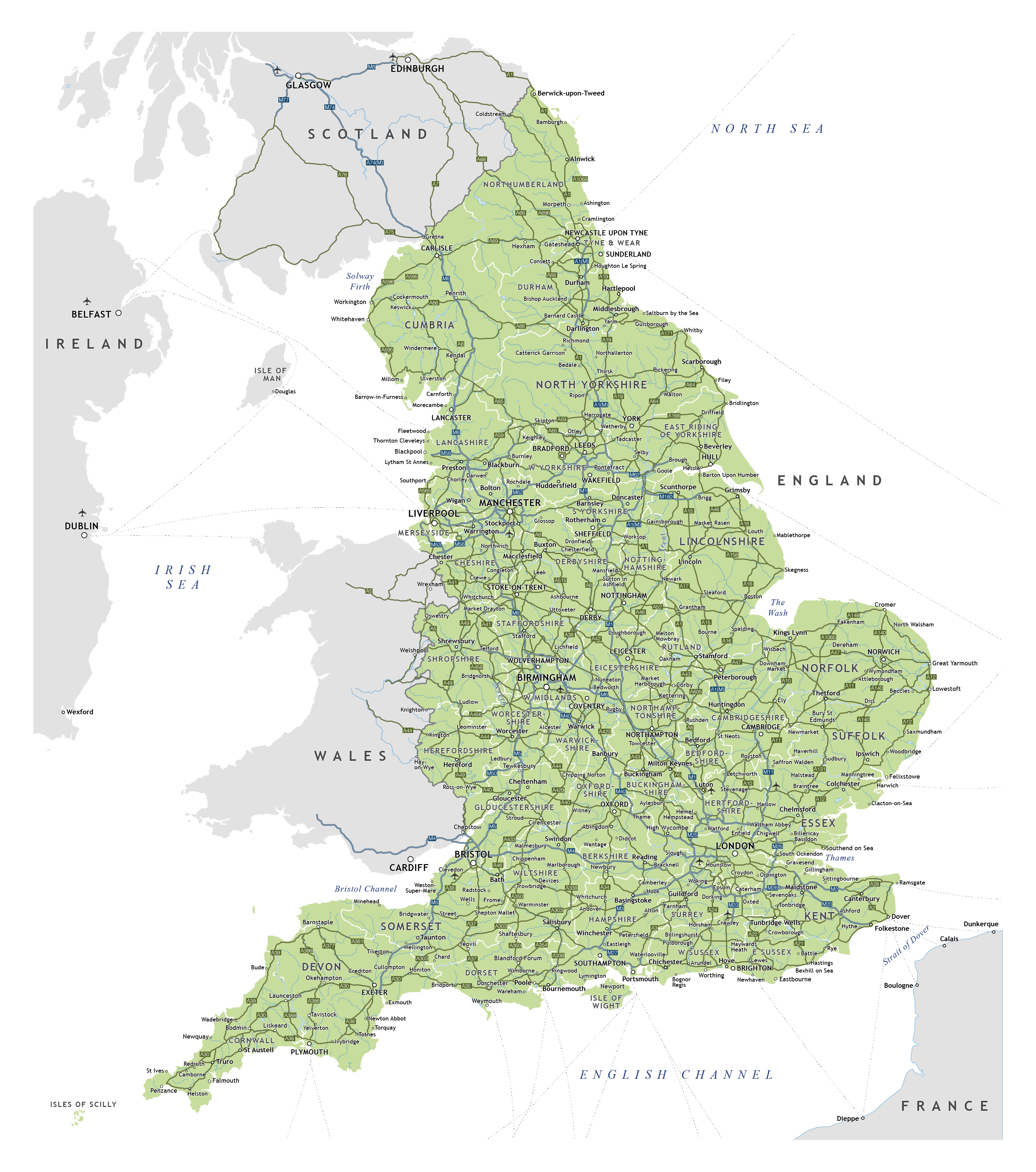 Large Detailed Map Of England With Roads Cities And Airports