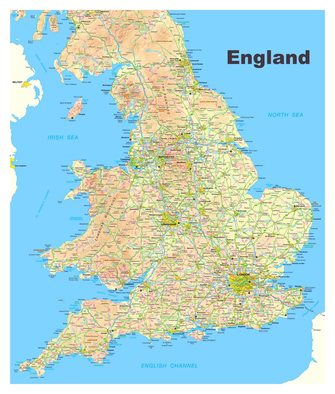 Large map of England with roads, cities and other marks