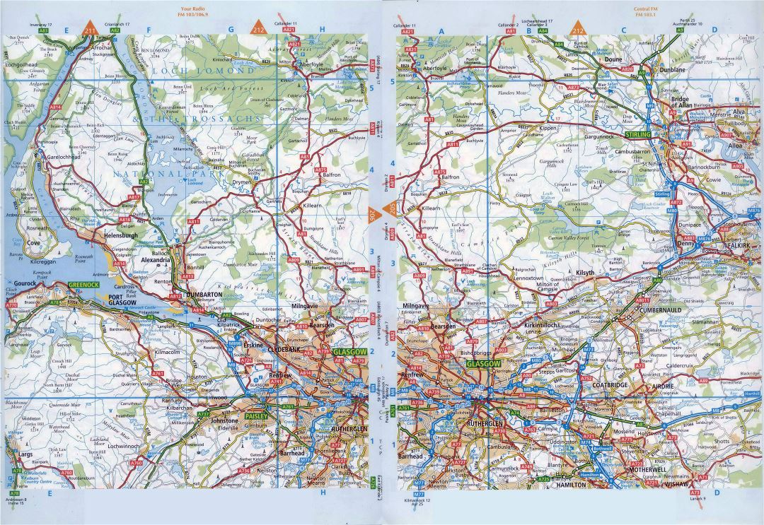 Large detailed road map of Glasgow and the surrounding area