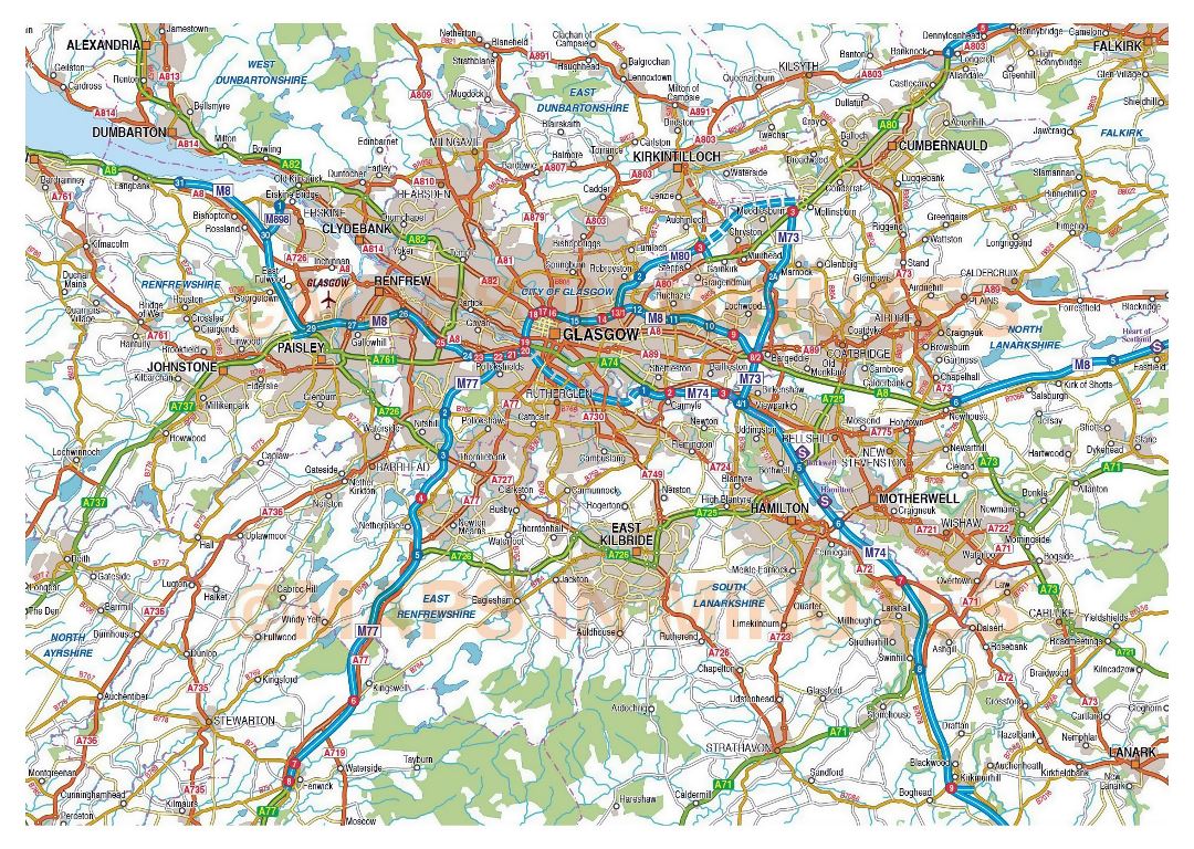 Large road map of Glasgow and the surrounding area with airports