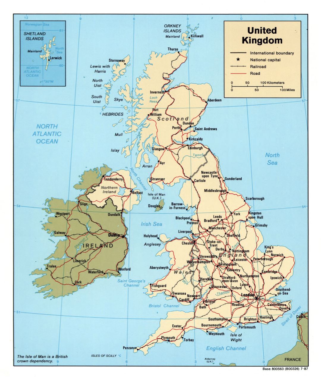 Large detailed political map of United Kingdom with roads, railroads and major cities - 1987