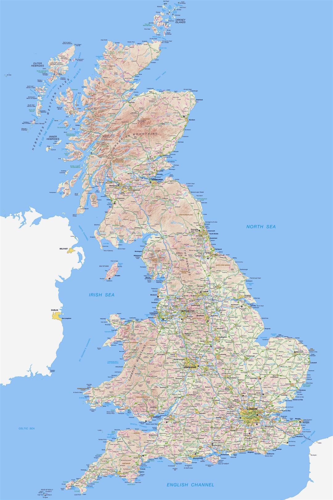 Large detailed road map of Britain with relief, all villages, cities and airports