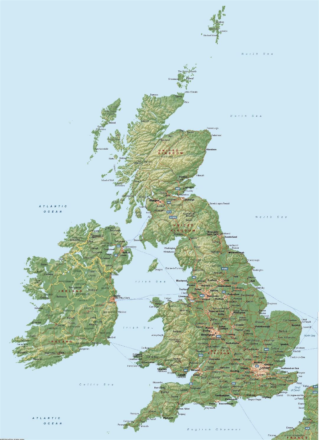 Large map of United Kingdom with relief, roads and cities