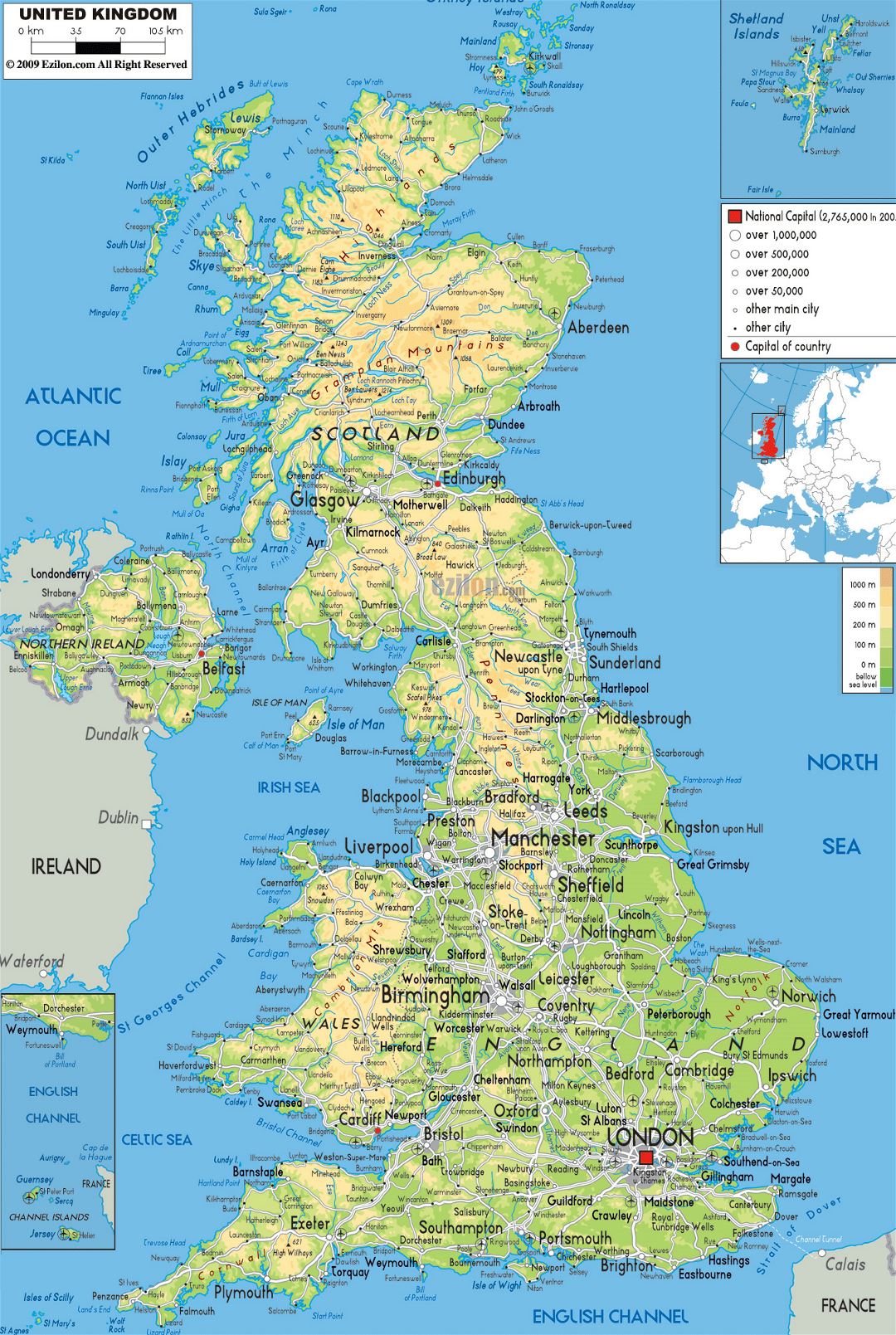Large physical map of United Kingdom with roads, cities and airports