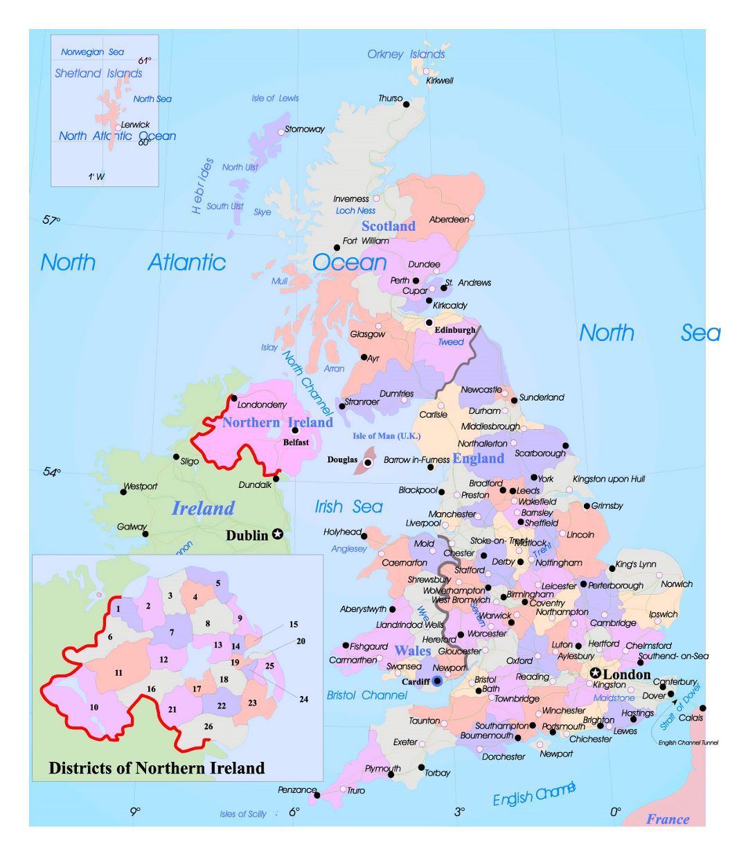 Large political and administrative map of United Kingdom with roads and major cities