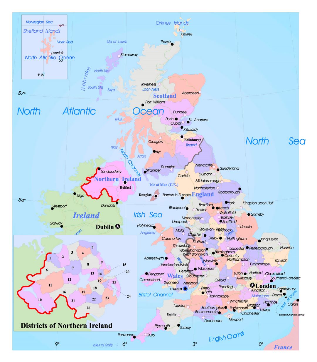 Large political and administrative map of United Kingdom with roads and