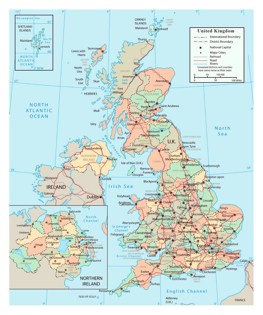 Large political and administrative map of United Kingdom with roads, railroads and major cities