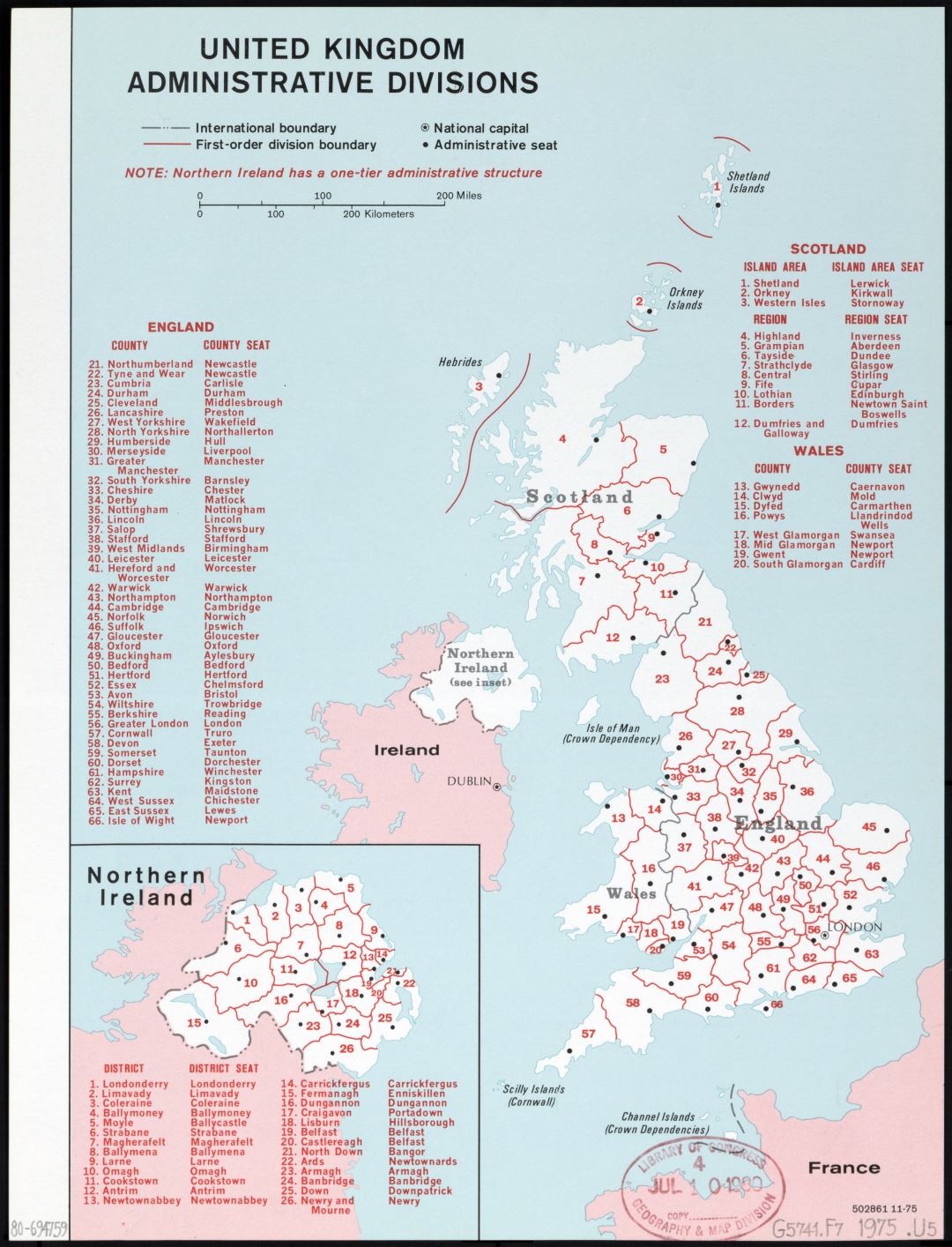 Large scale administrative divisions map of United Kingdom - 1975
