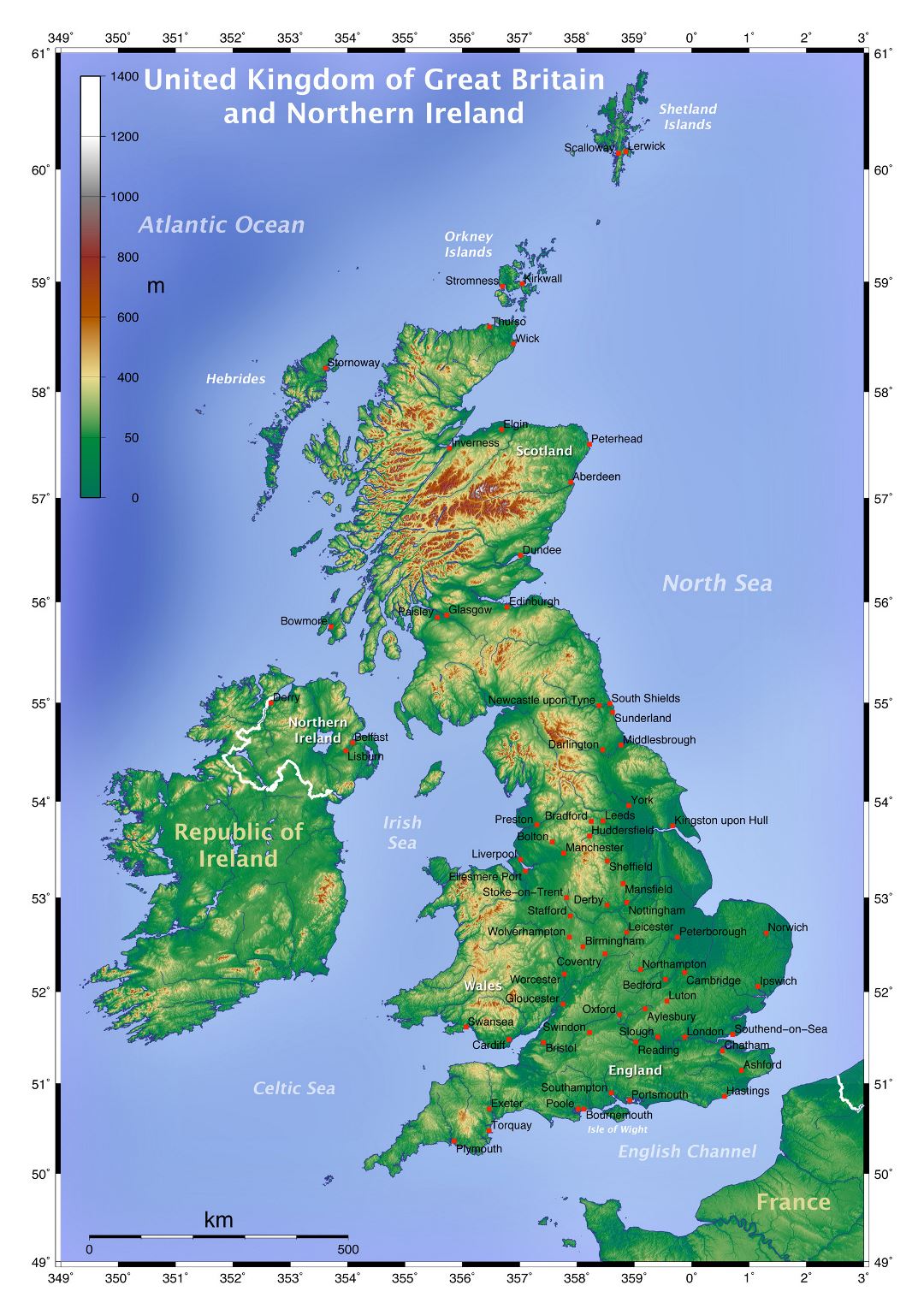 Large topographical map of United Kingdom