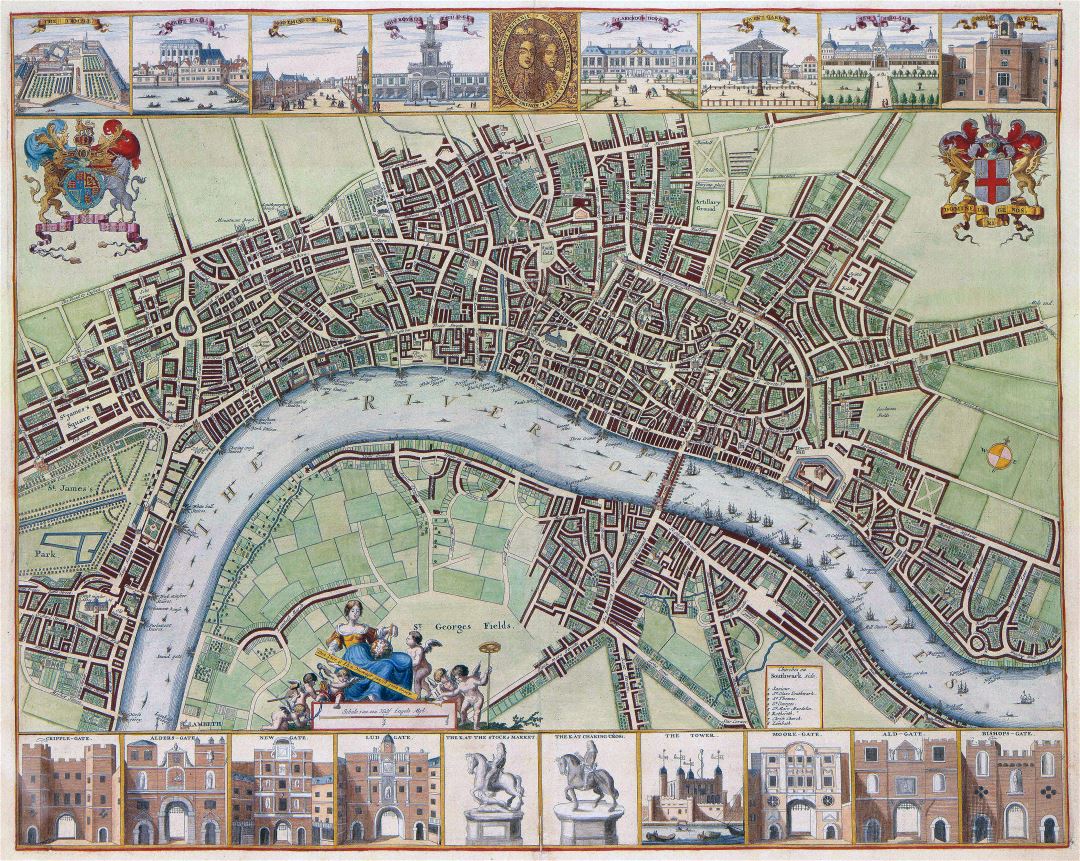 Large detailed 17th century map of London city