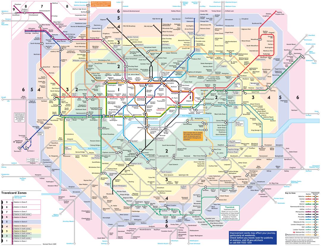 Large detailed public transport map of London city