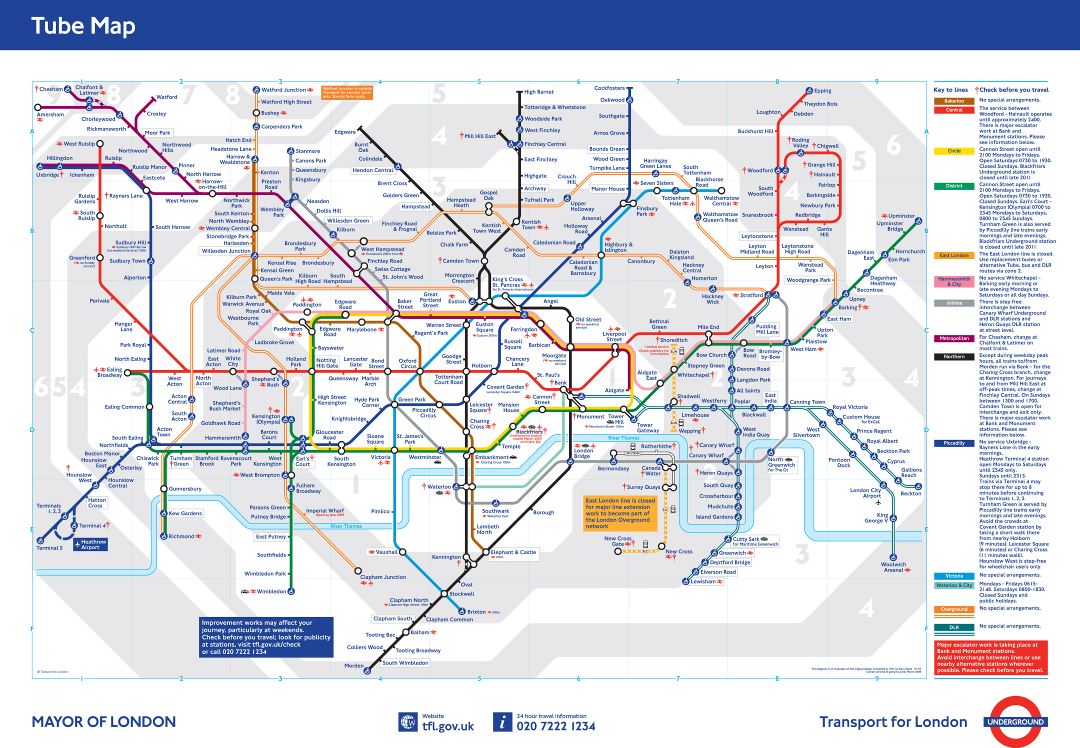 Large detailed tube map of London city