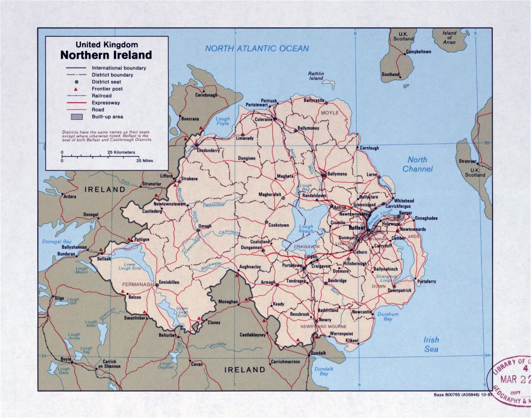Detailed political and administrative map of Northern Ireland with roads, railroads and major cities - 1987