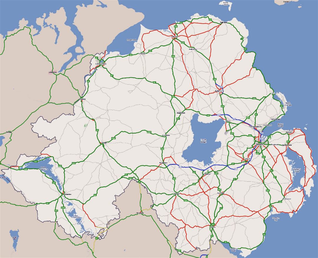 Large detaile road map of Northern Ireland with cities