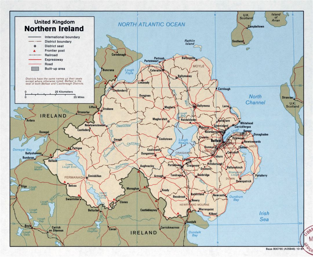 Large scale political and administrative map of Northern Ireland with roads, railroads and major cities - 1987