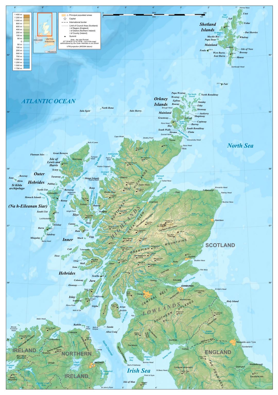 Large detailed physical map of Scotland