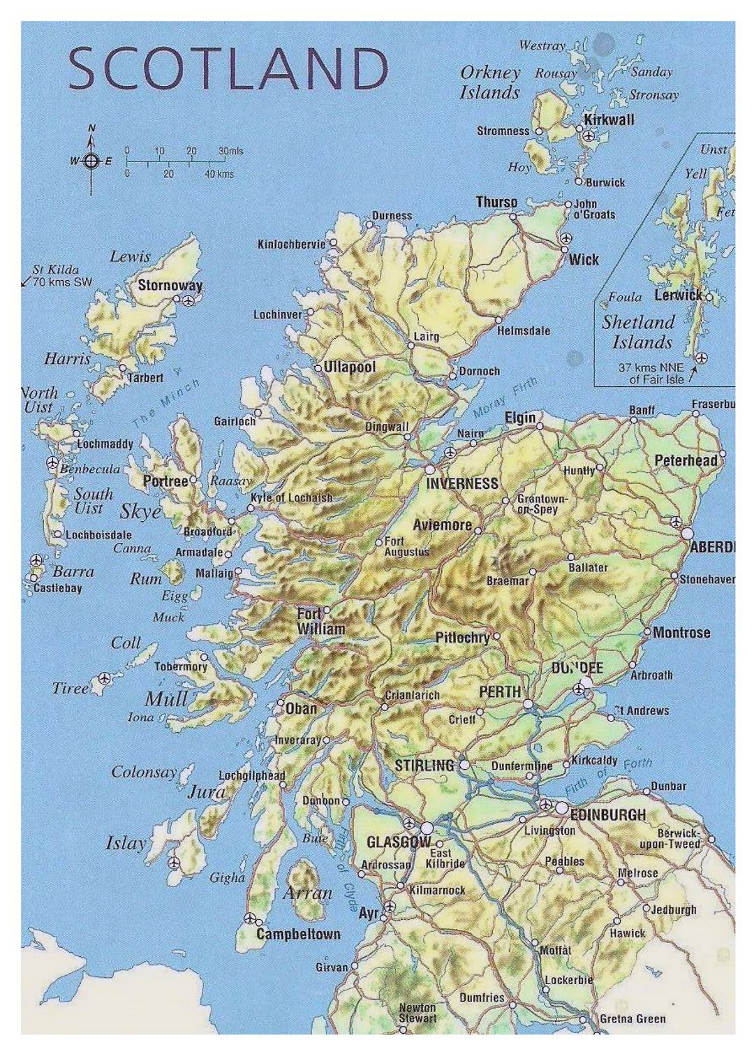 Map Of Scotland With Relief Roads Major Cities And Airports Small 