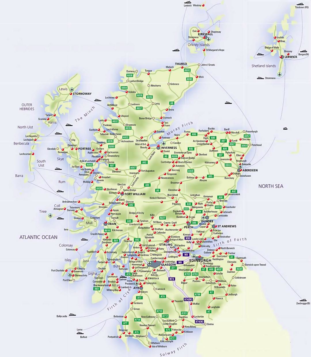 Road map of Scotland with airports and cities