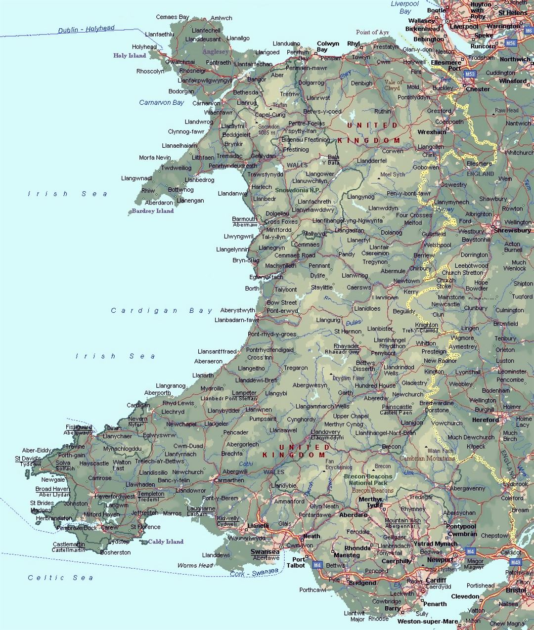 Detailed elevation map of Wales with roads and cities