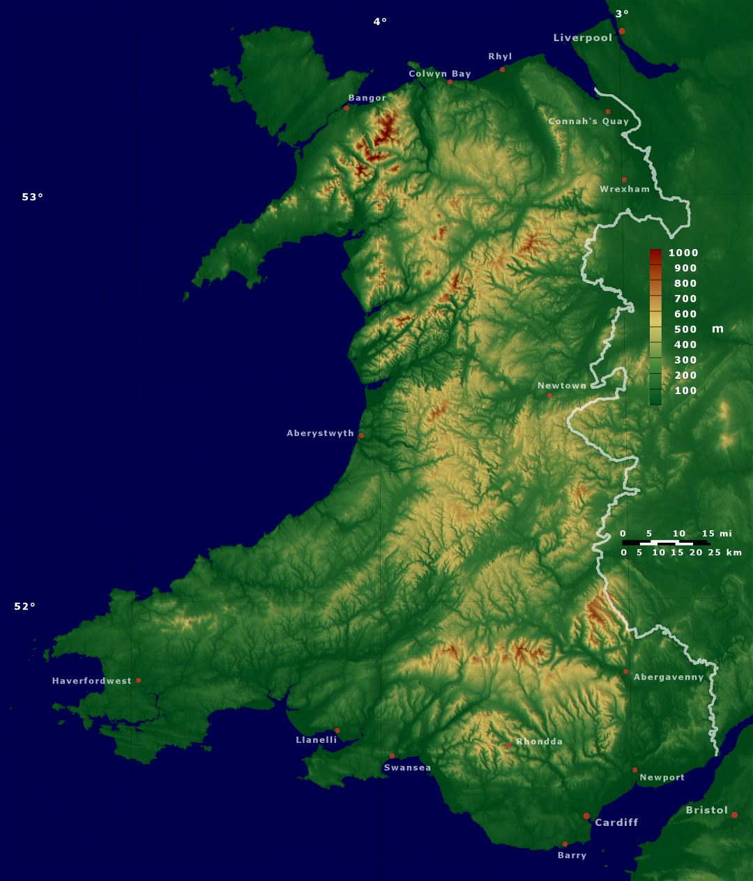 Large detailed physical map of Wales